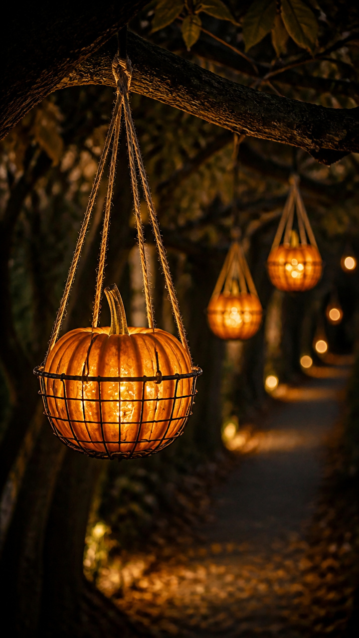 Hanging Pumpkin Sconces from Tree Branches