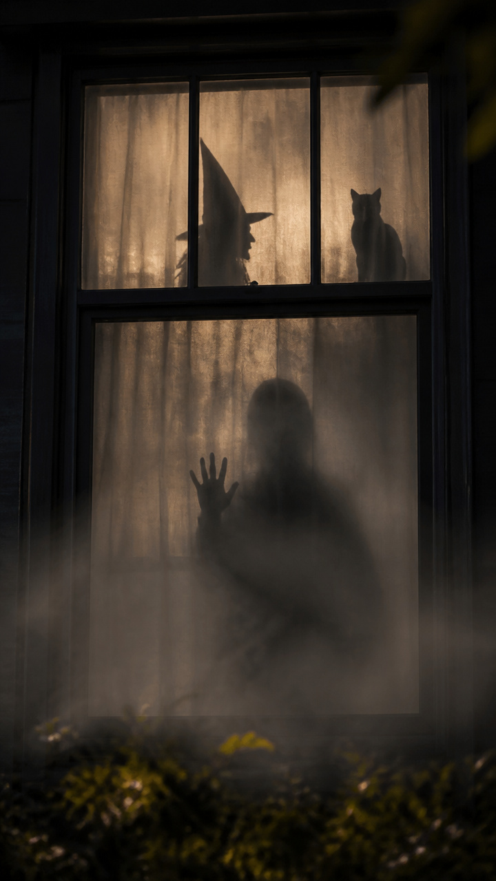 Haunted Window Silhouettes Behind Fog Veils
