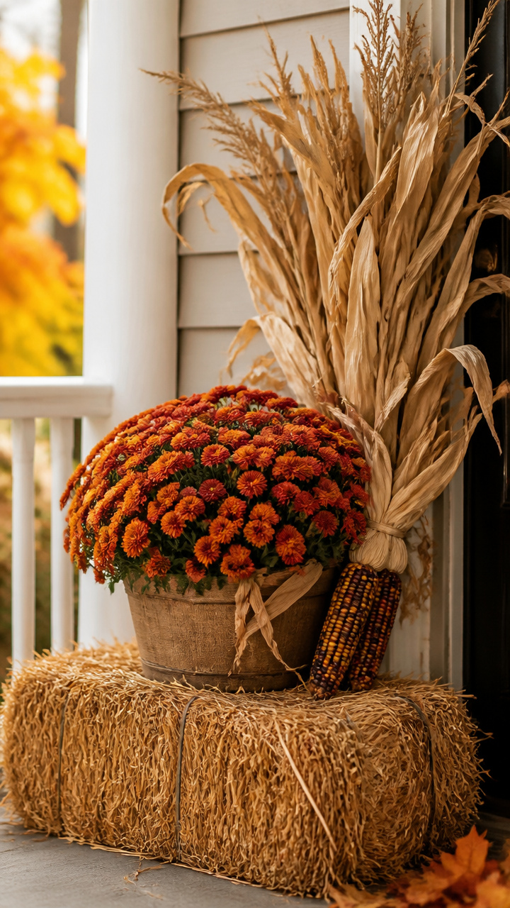 Hay Bale Base with Mum and Corn Arrangement