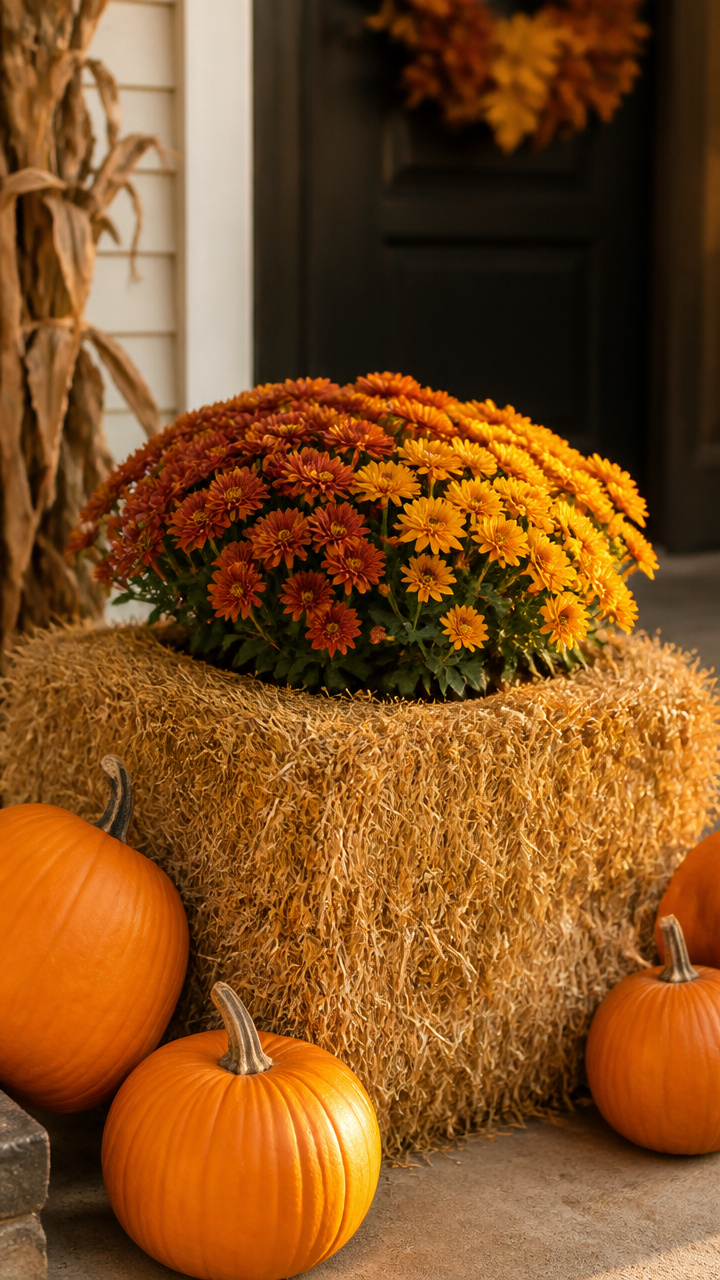 Hay Bale Planter Filled with Fall Mums