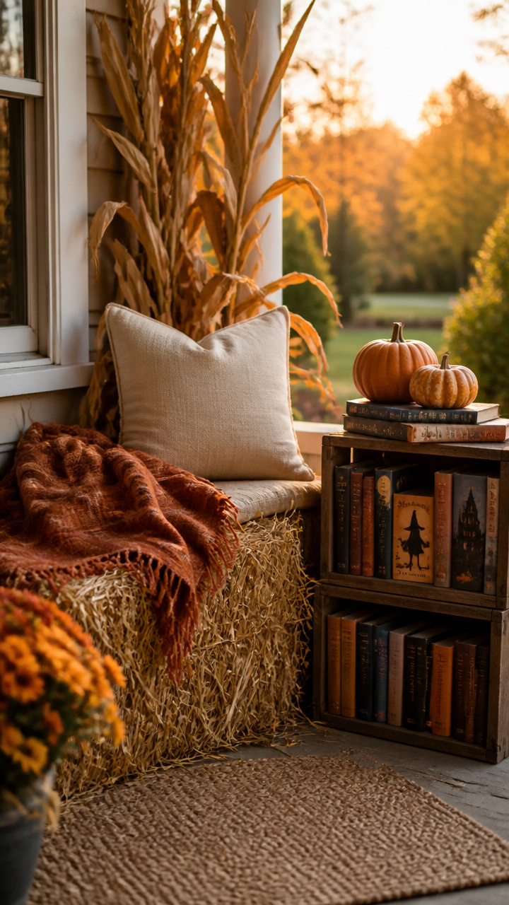 Hay Bale Reading Nook with Autumn Books