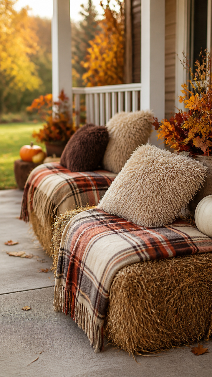 Hay Bale Seating with Plaid Blankets