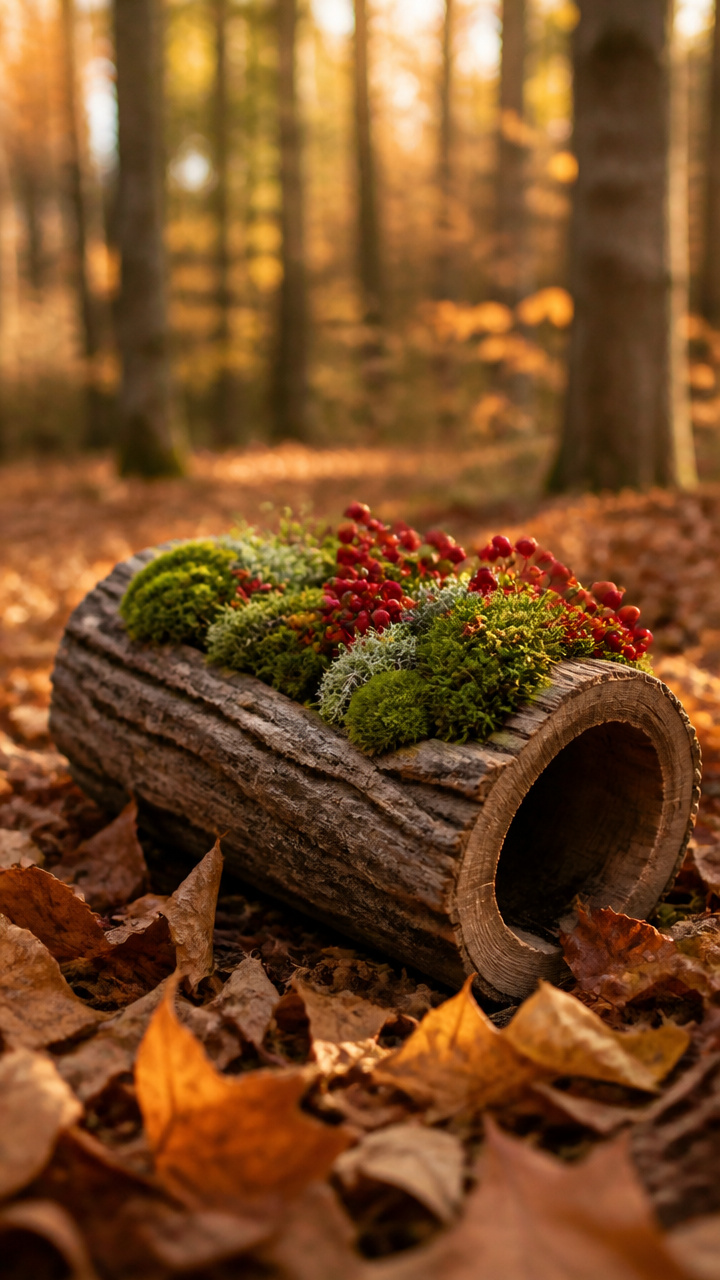 Hollow Log Planter with Moss and Berries