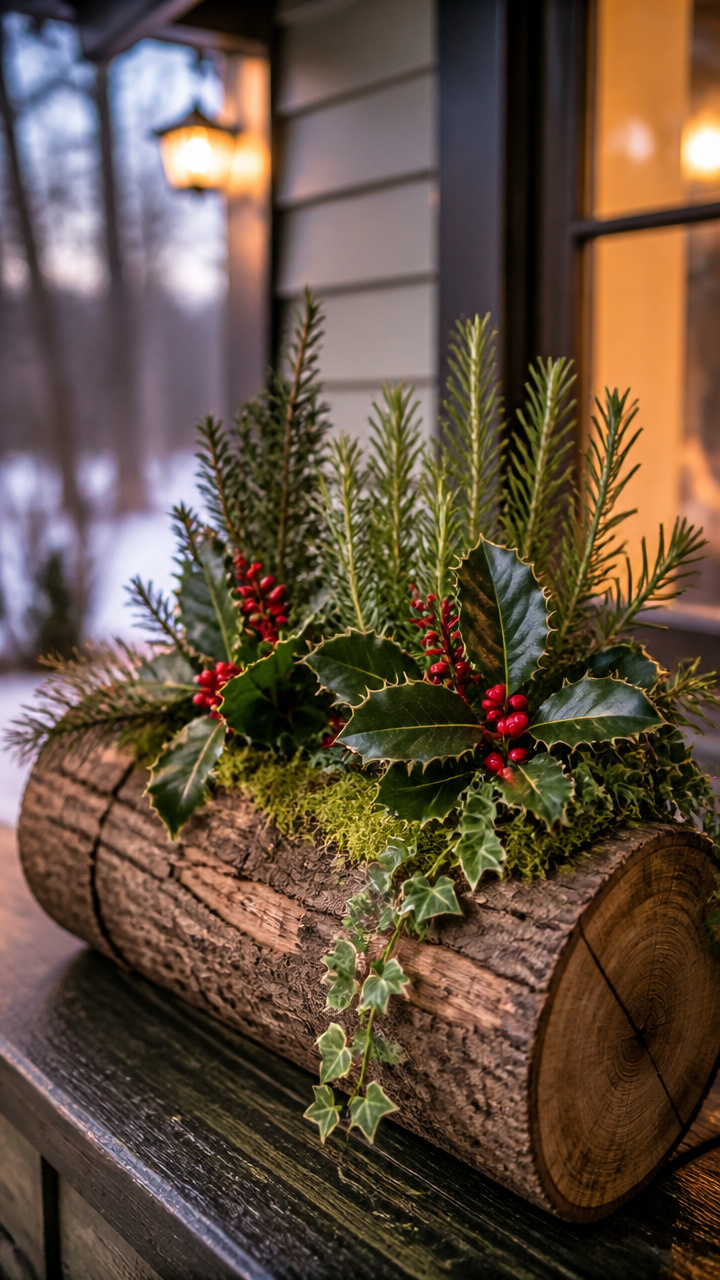 Hollowed Log Planter with Winter Greens