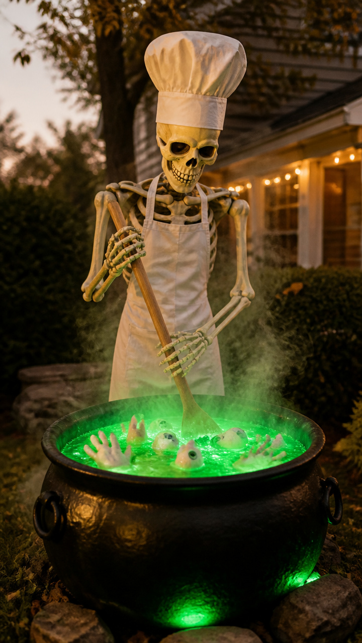 Huge Skeleton Chef Cooking in an Outdoor Cauldron