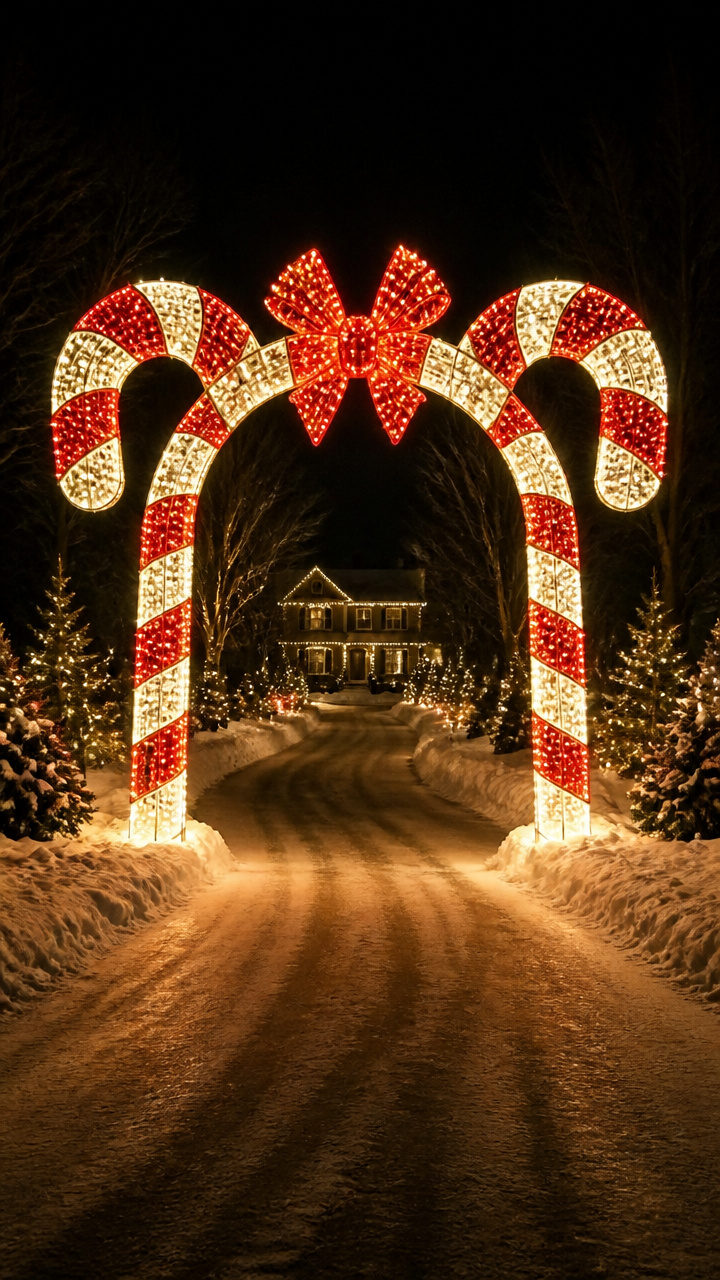 Illuminated Candy Cane Arch at the Driveway Entrance