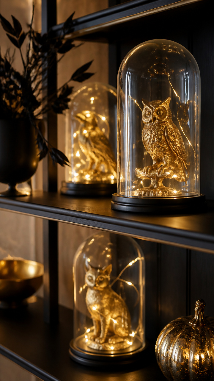 Illuminated Glass Cloches with Gold Figurines