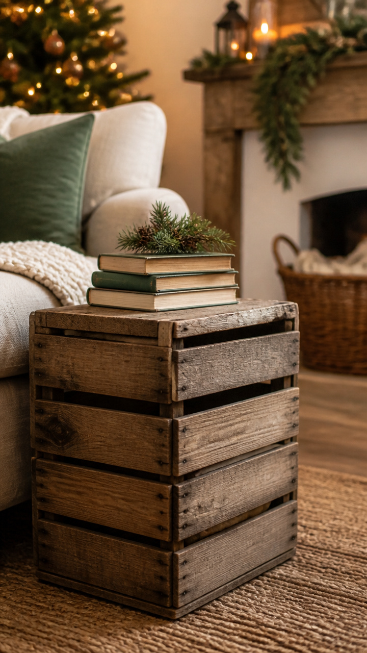 Incorporate a Wooden Crate Side Table with Holiday Books