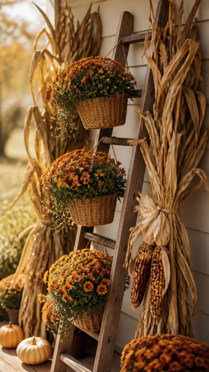 Ladder Display with Hanging Mum Baskets and Corn