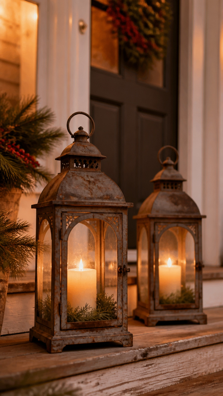 Lanterns with Pillar Candles on the Porch