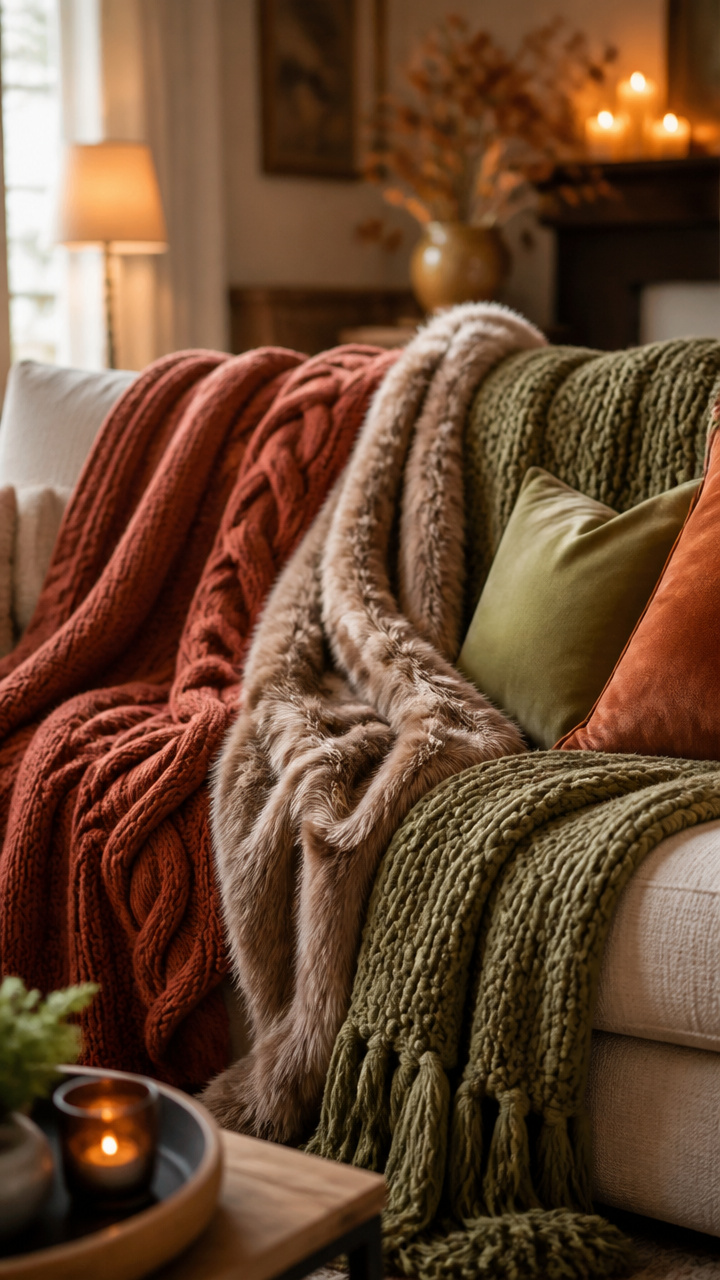 Layered Throw Blankets in Earthy Tones