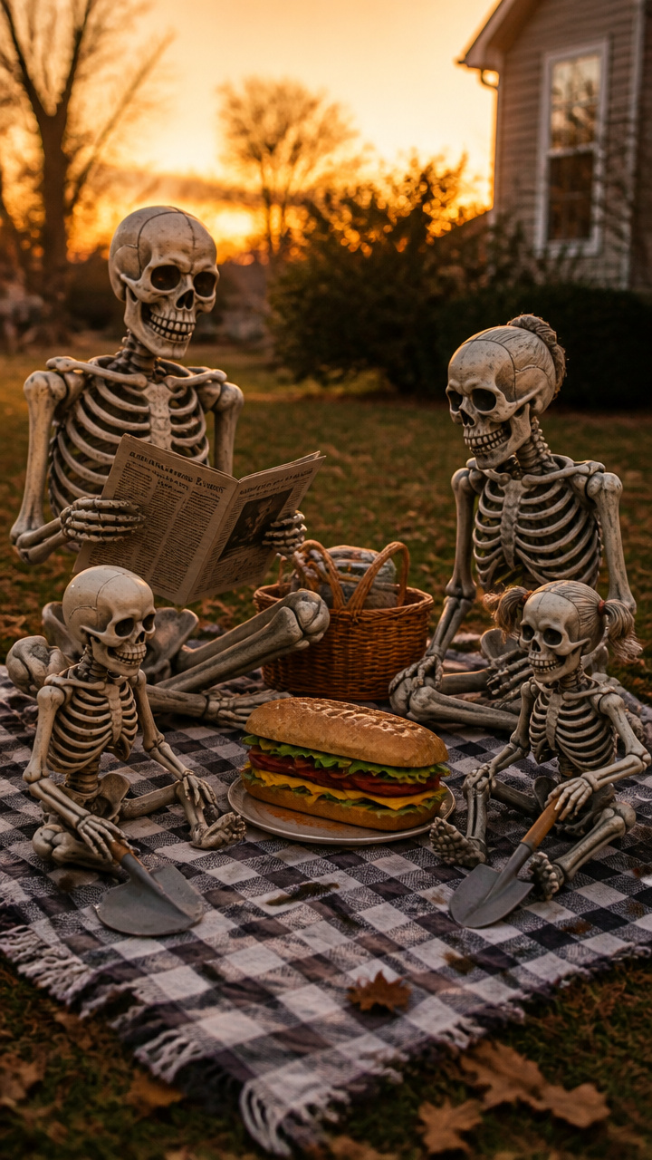 Life-Sized Skeleton Family Having a Picnic