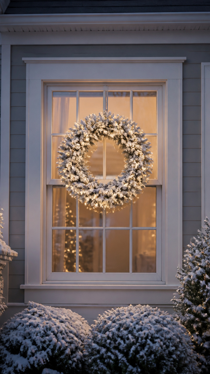 Lit Wreaths on Front Windows