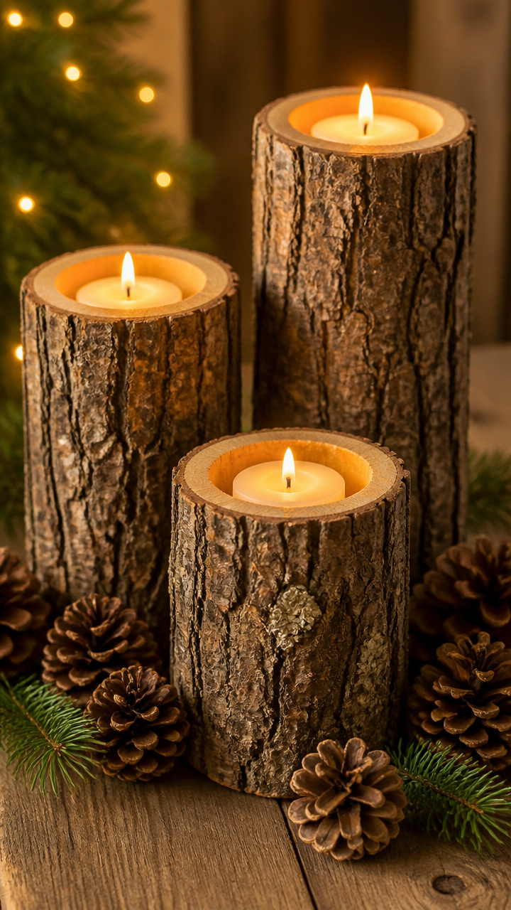 Log Candle Holders with Pinecone Accents