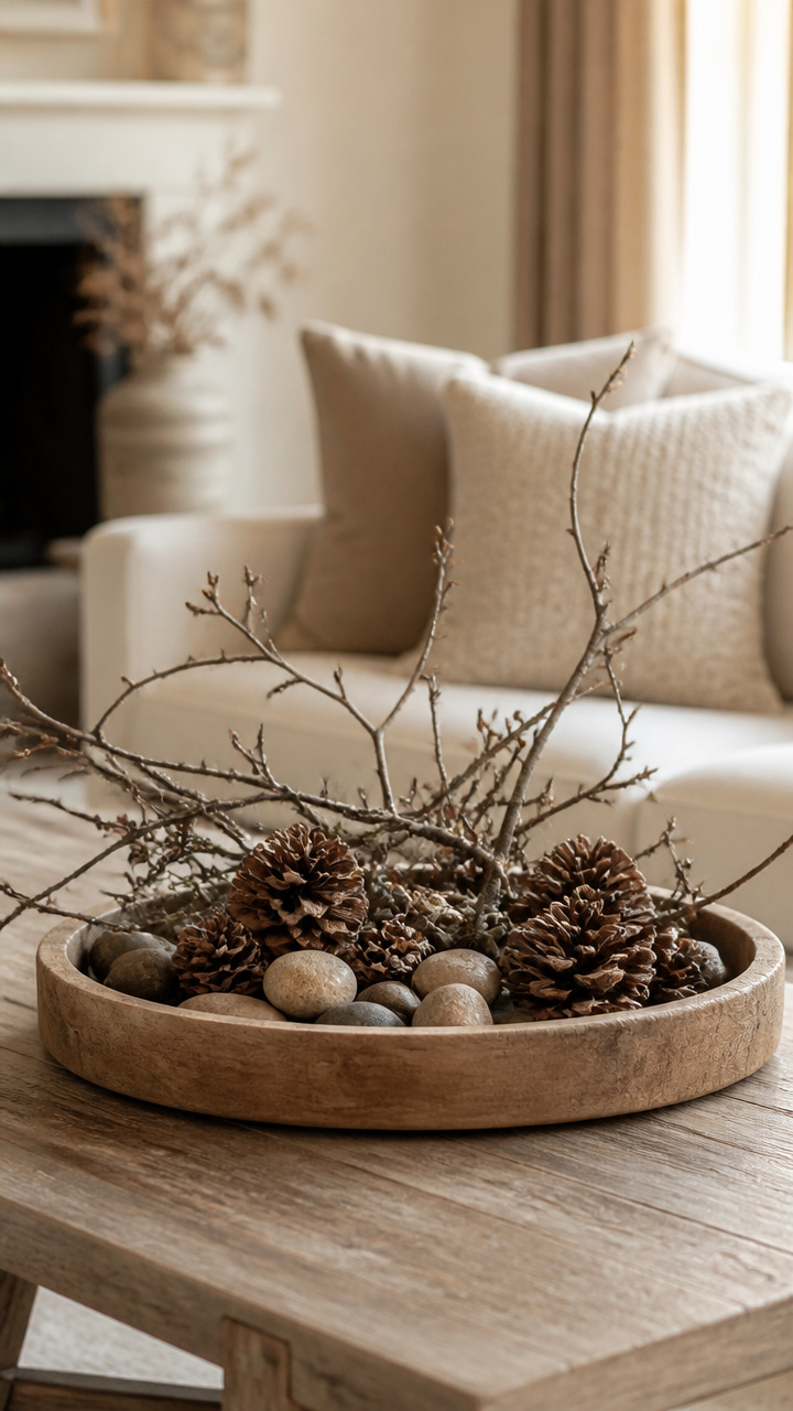 Low Wooden Tray Centerpiece with Foraged Branches