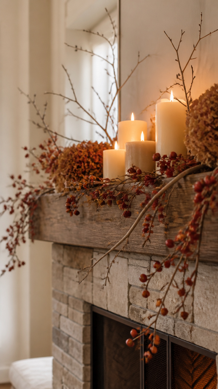 Mantle Decor with Branches and Berries