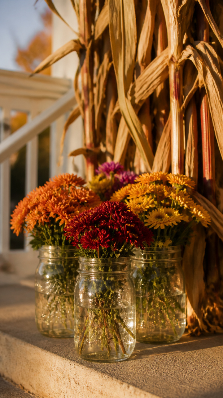 Mason Jar Mum Clusters with Corn Stalk Backdrop