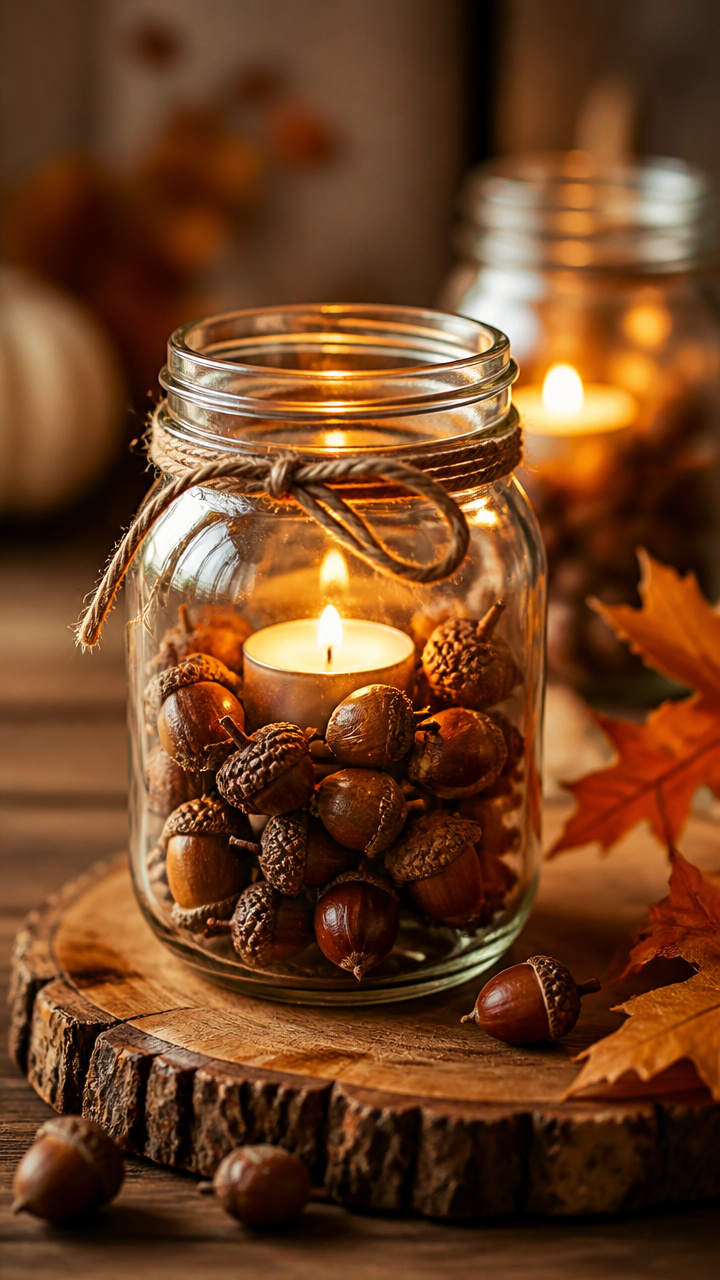 Mason Jars Filled with Acorns and Tea Lights