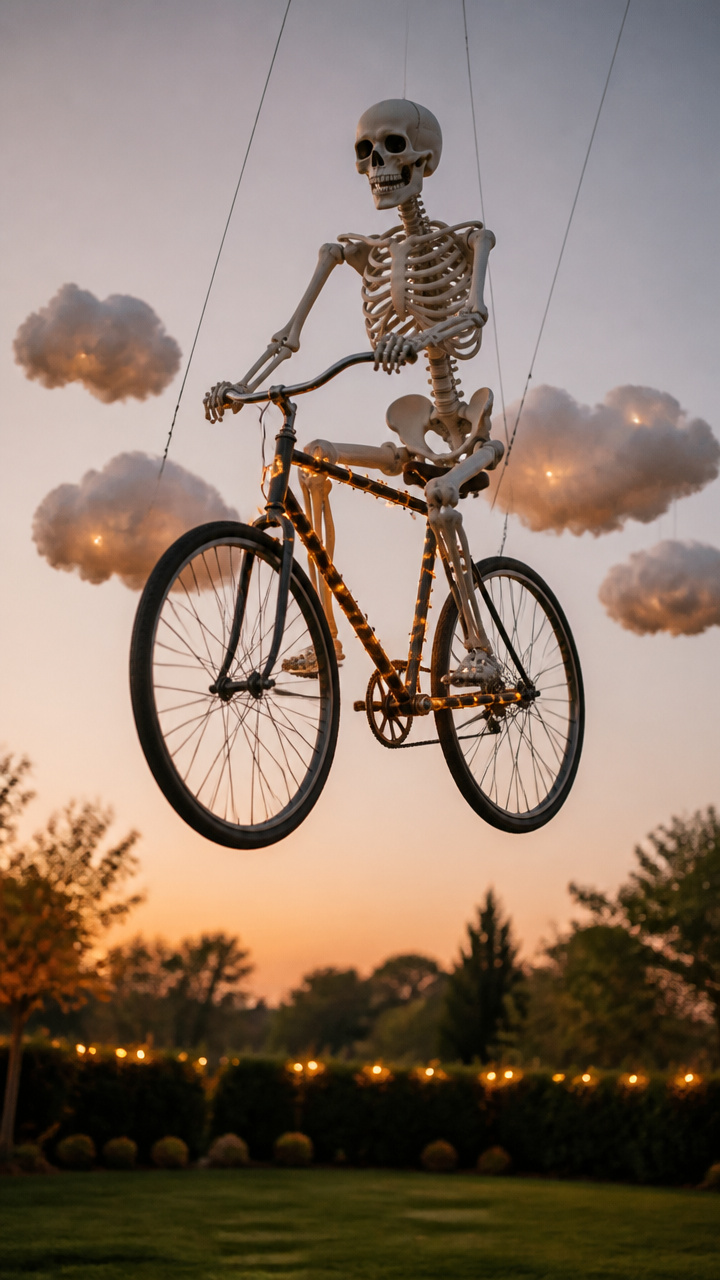 Massive Skeleton Riding a Flying Bicycle