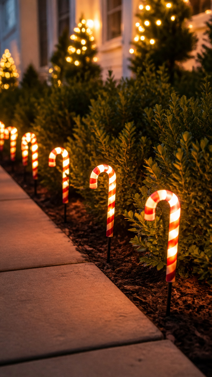 Mini Candy Cane Garden Lights in Flower Beds