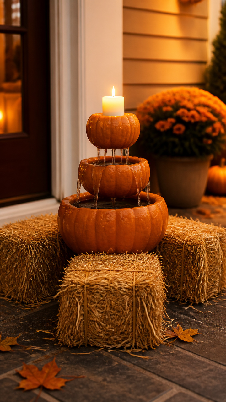 Mini Hay Bale Grouping Around a Pumpkin Fountain