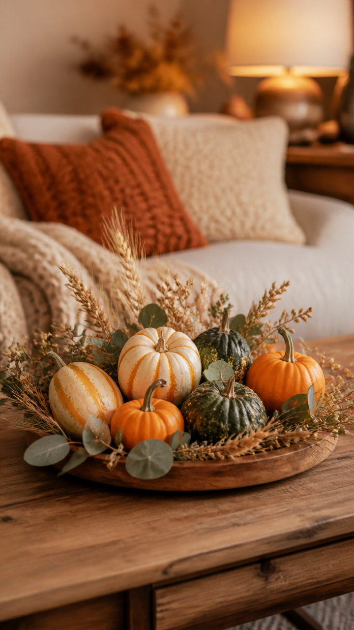 Mini Pumpkin Centerpiece on a Coffee Table