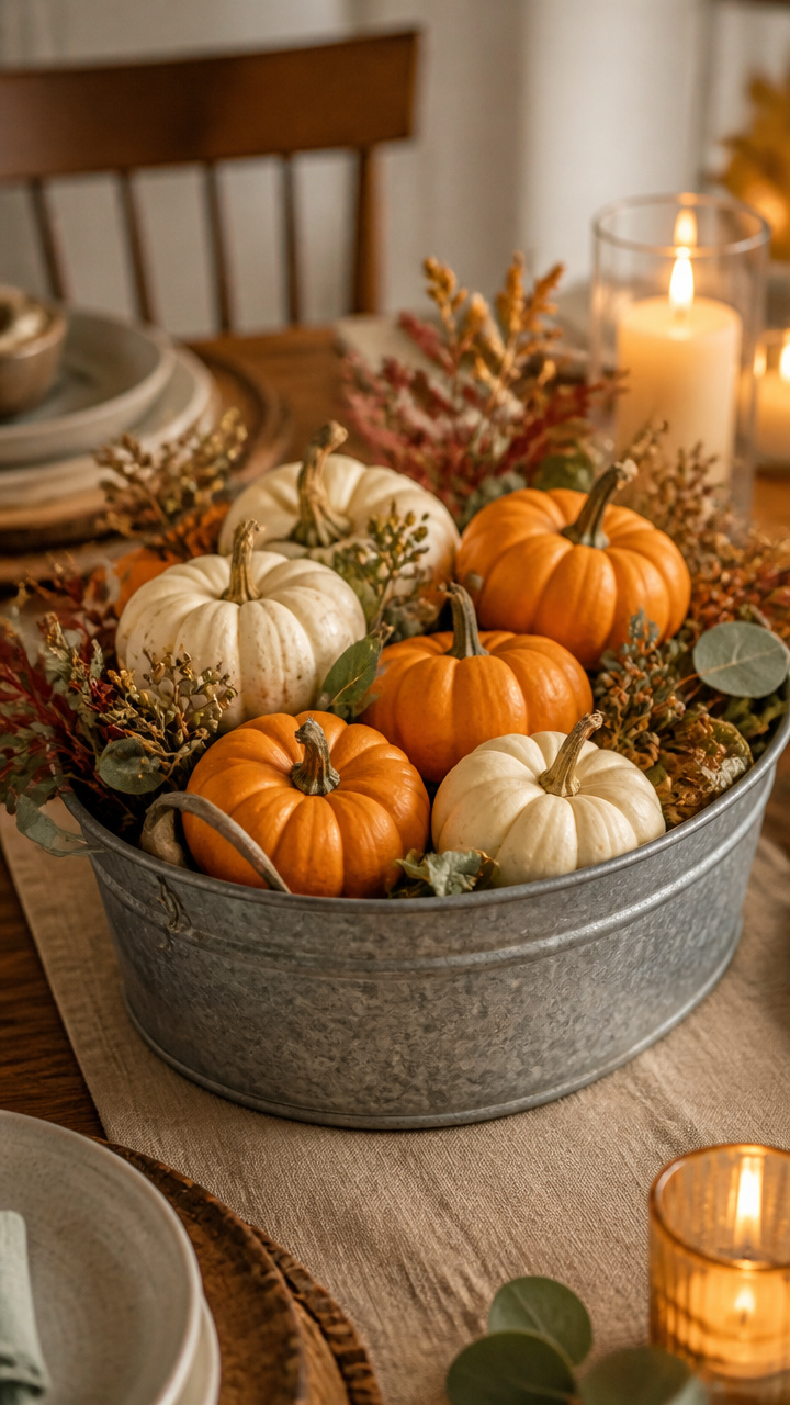 Mini Pumpkin Centerpieces in Galvanized Tubs