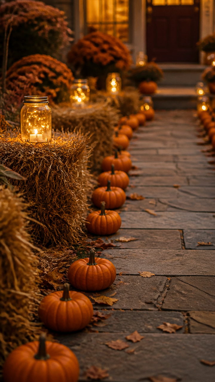Mini Pumpkin Pathway Alongside Hay Bales