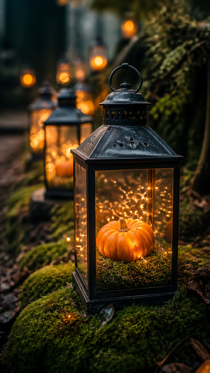 Mini Pumpkins Nestled in Moss-Filled Lanterns