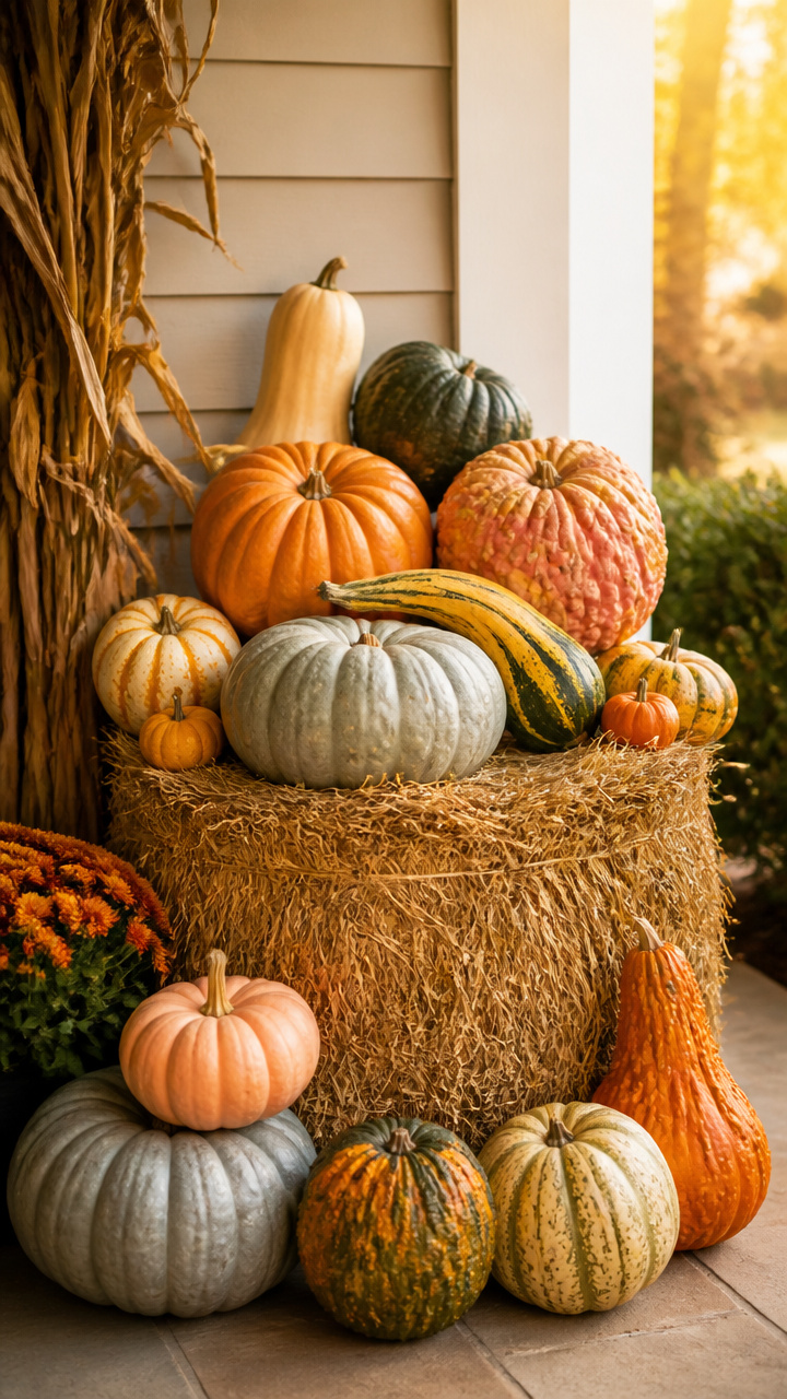 Mismatched Pumpkins in a Hay Bale Corner