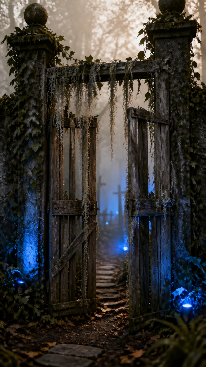 Misty Cemetery Gate with Hanging Vines