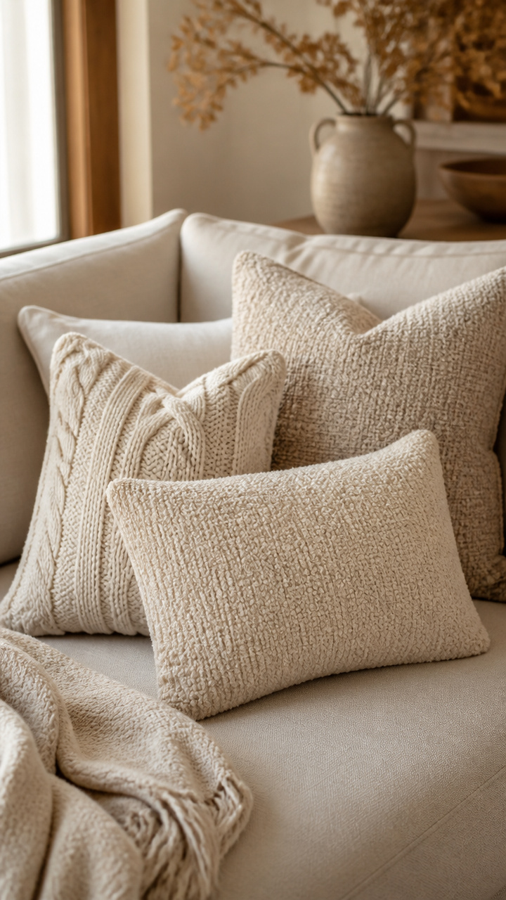 Oatmeal-Colored Pillows on the Living Room Sofa
