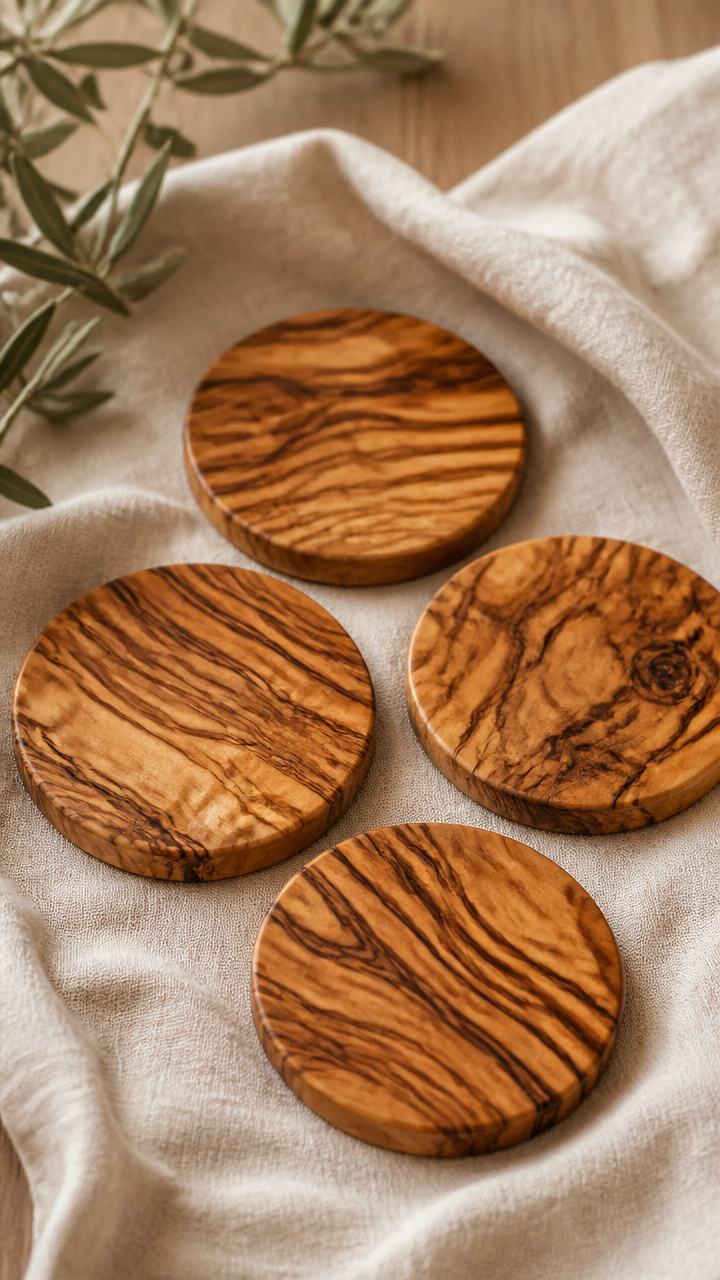 Olive Wood Slice Coaster Set