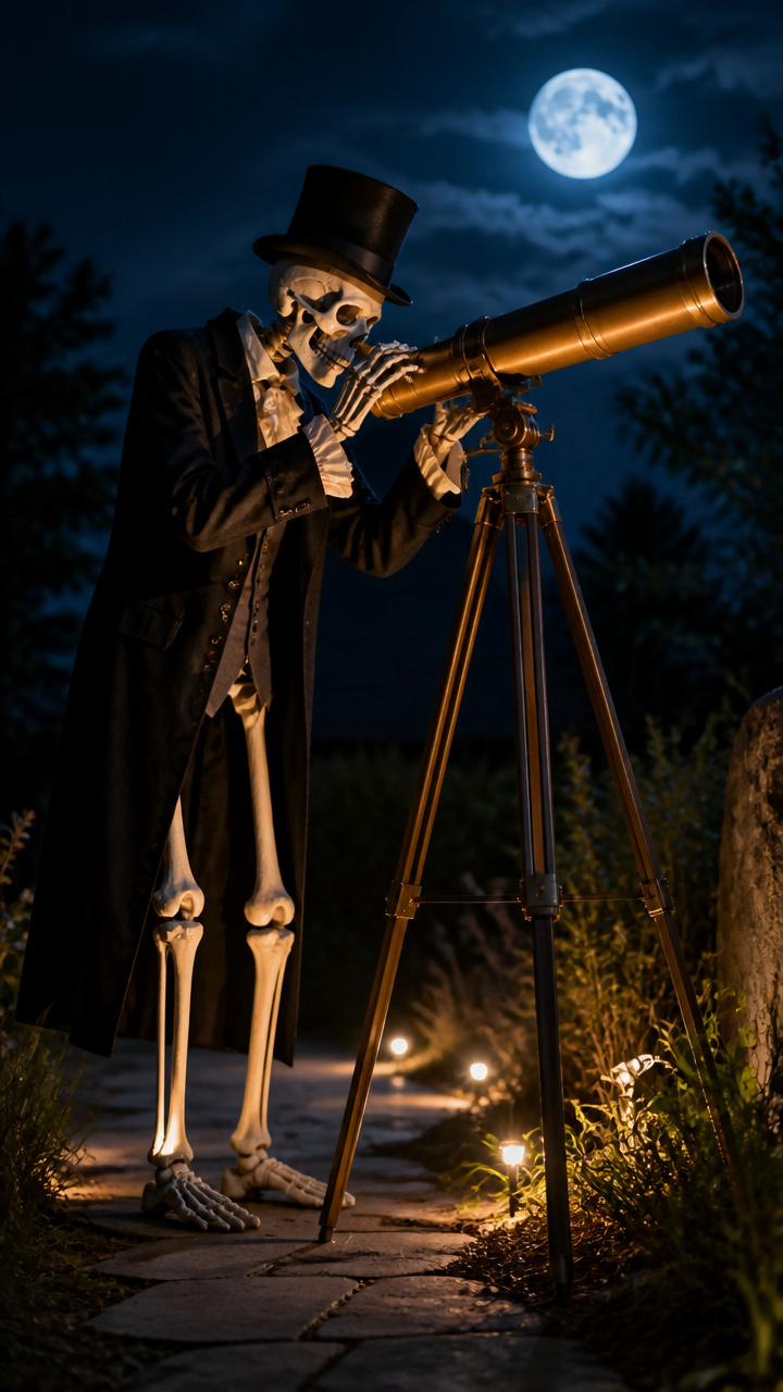 Oversized Skeleton Astronomer Studying the Moon
