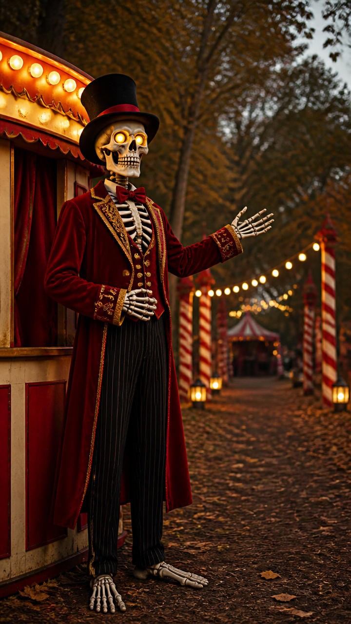 Oversized Skeleton Circus Ringmaster Welcoming Guests