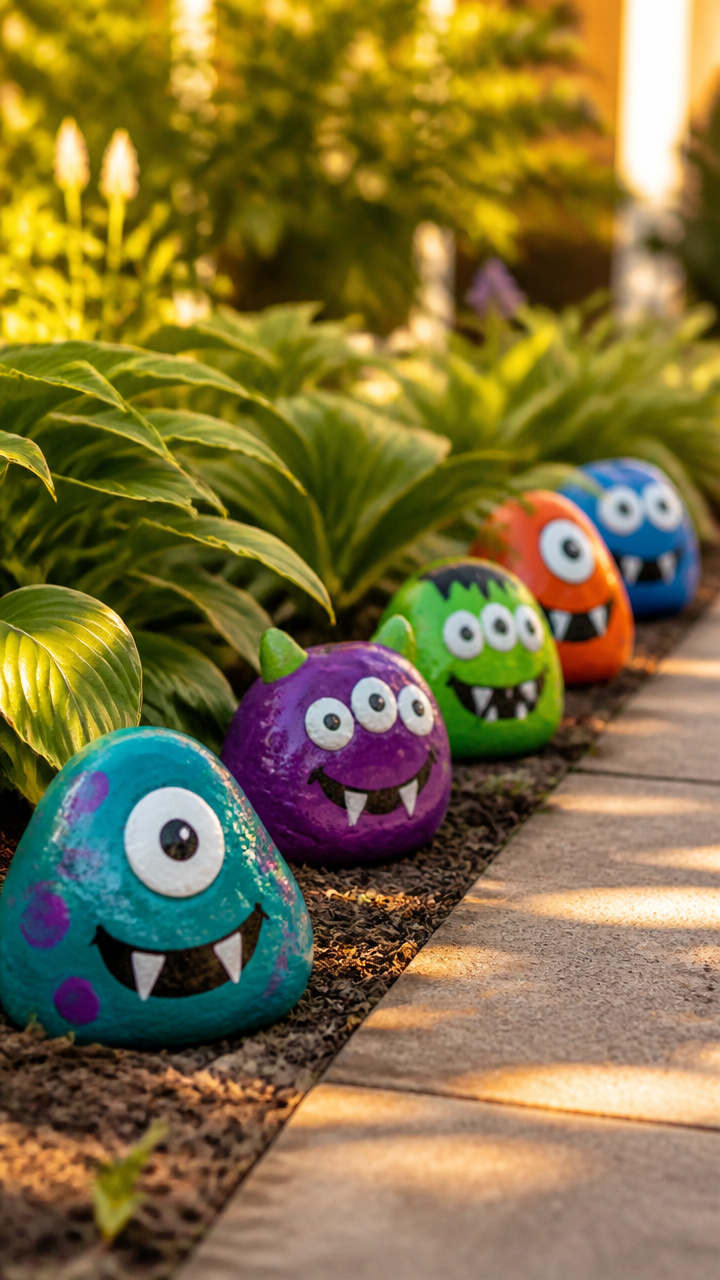 Painted Rock Monsters by the Walkway