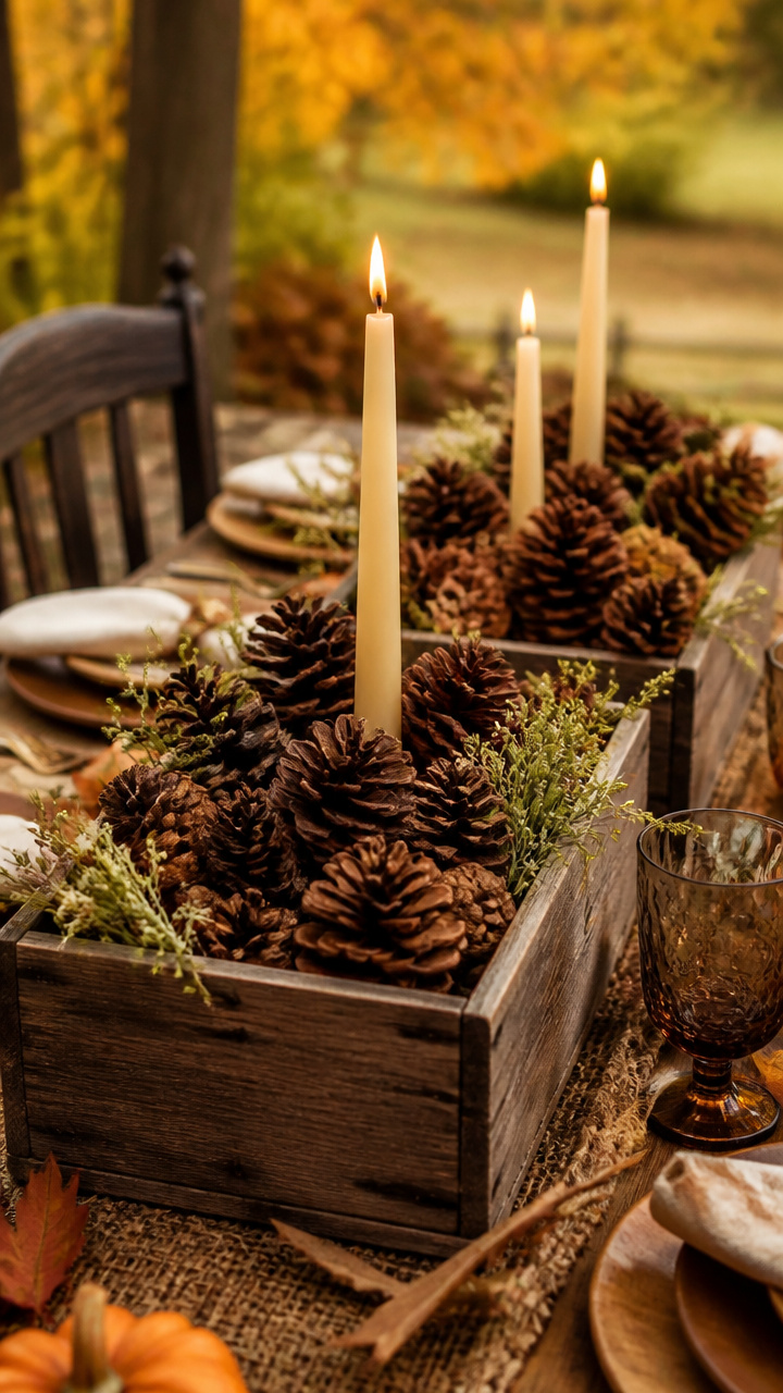 Pinecone Centerpieces in Rustic Wooden Crates