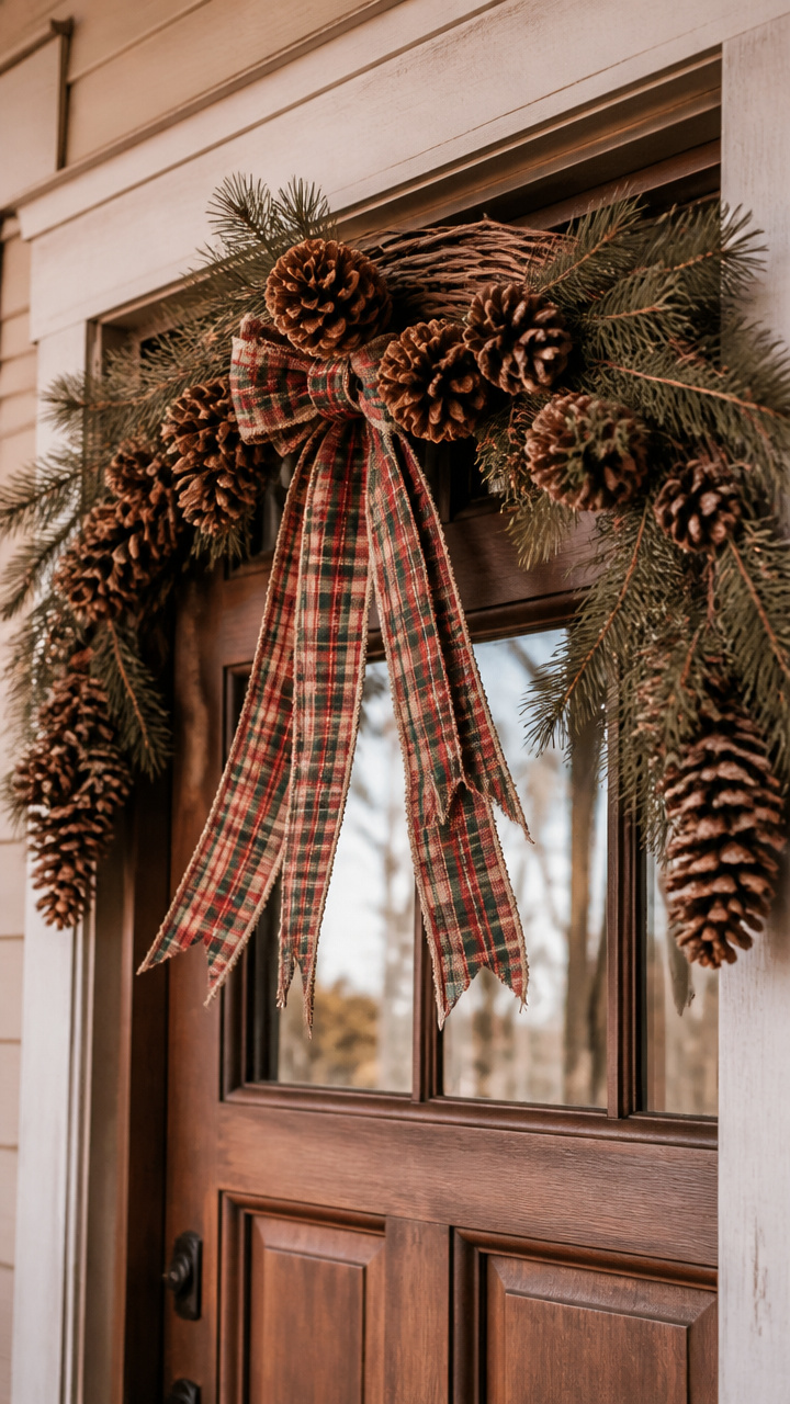 Pinecone Swag with Plaid Ribbon Tails
