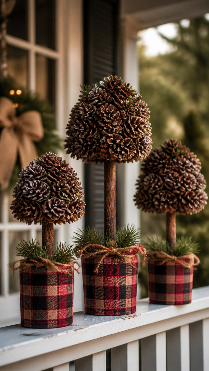 Pinecone Topiaries in Plaid Pots