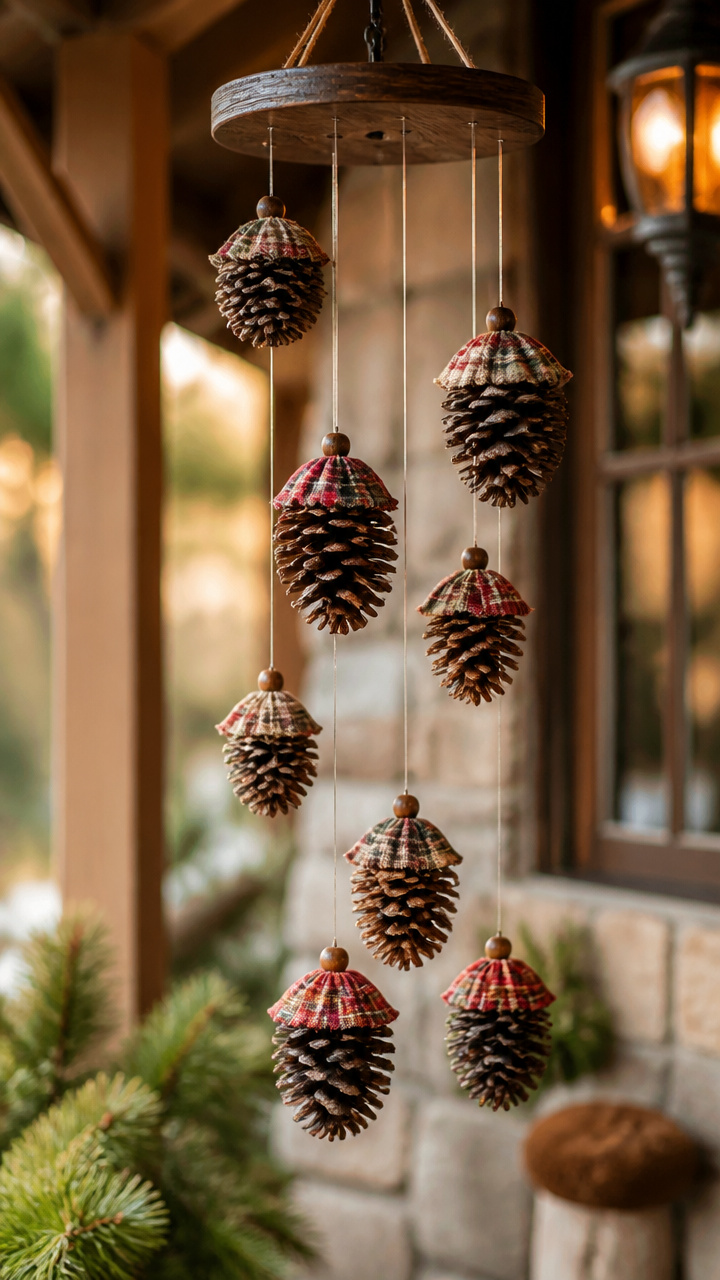 Pinecone Wind Chime with Plaid Bell Caps