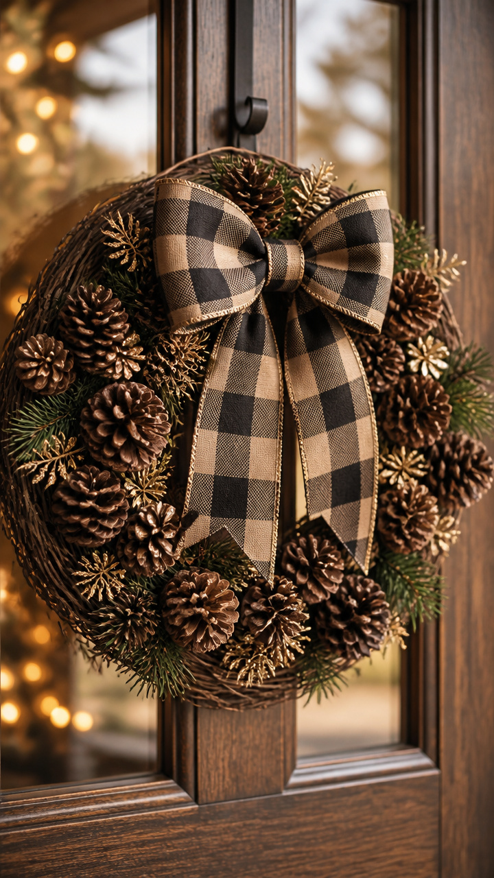 Pinecone Wreath with Plaid Bow Centerpiece