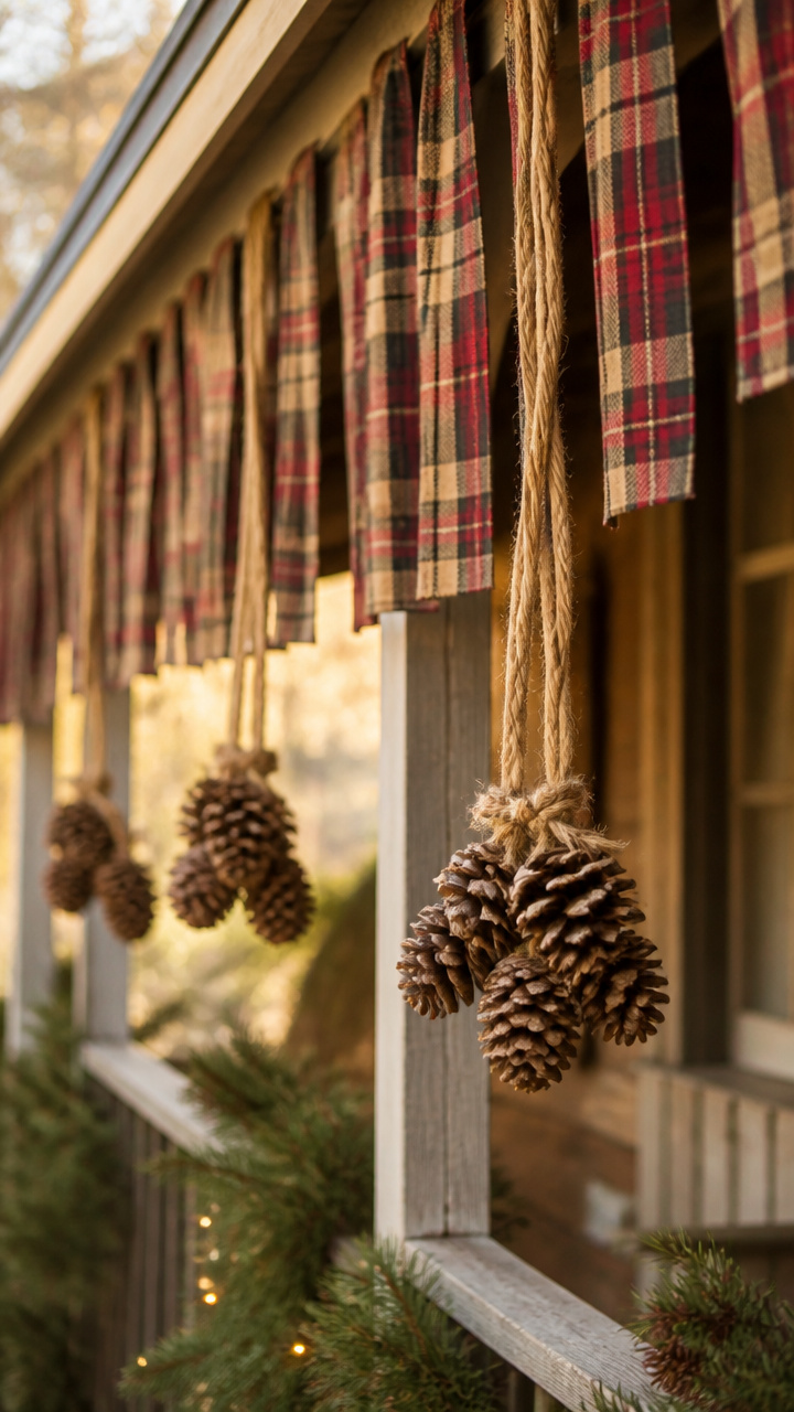 Plaid Canopy Trim with Hanging Pinecone Clusters