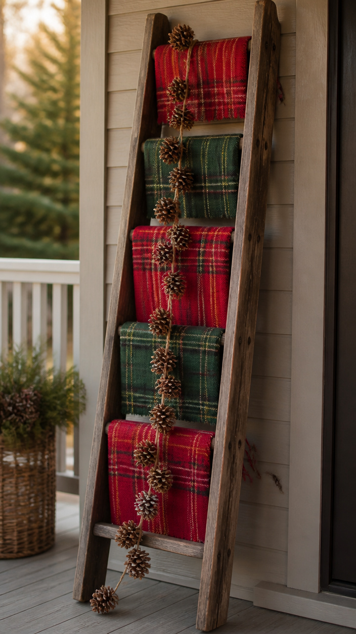 Plaid-Covered Ladder with Pinecone Garland