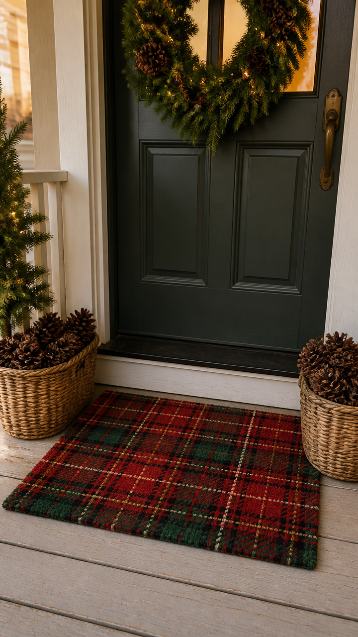 Plaid Doormat with Pinecone Bookends
