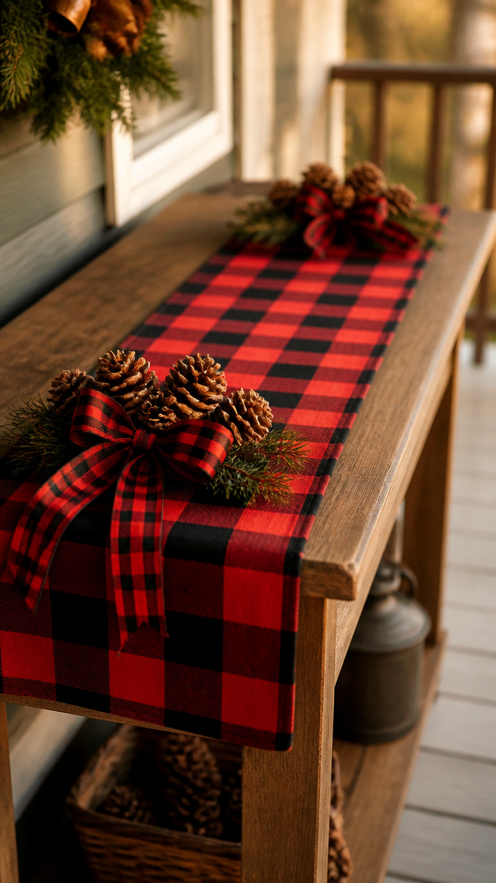 Plaid Table Runner on Outdoor Console with Pinecone Weights