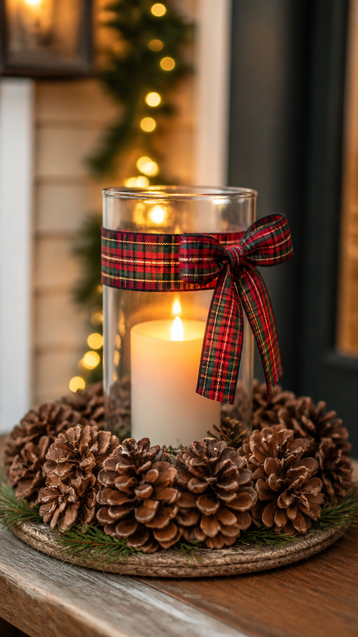 Plaid-Trimmed Candle Holders with Pinecone Base