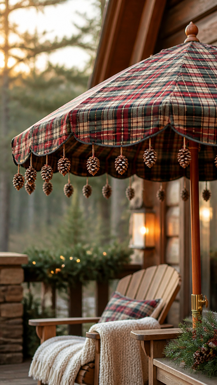 Plaid Umbrella Accent with Pinecone Edging
