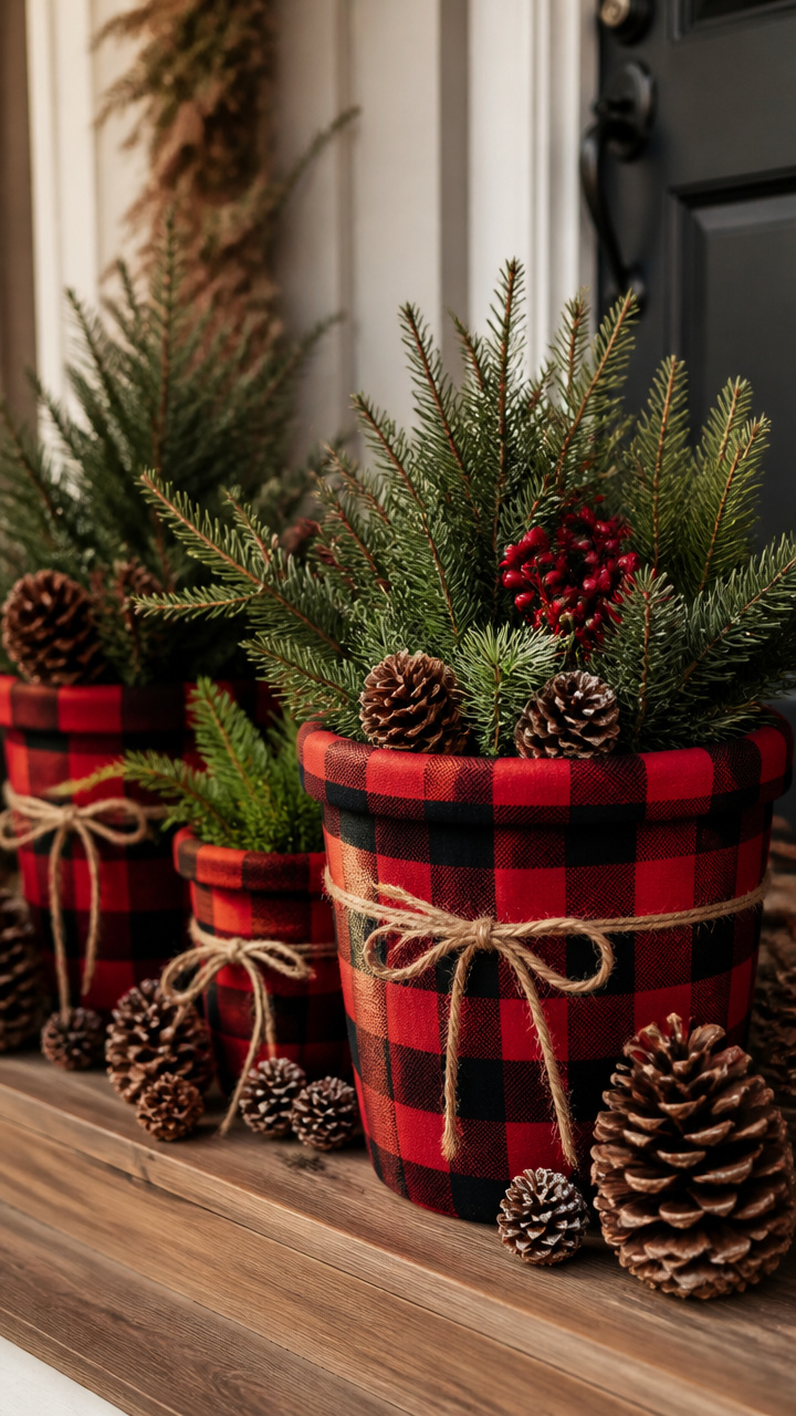 Plaid-Wrapped Planters with Pinecone Accents