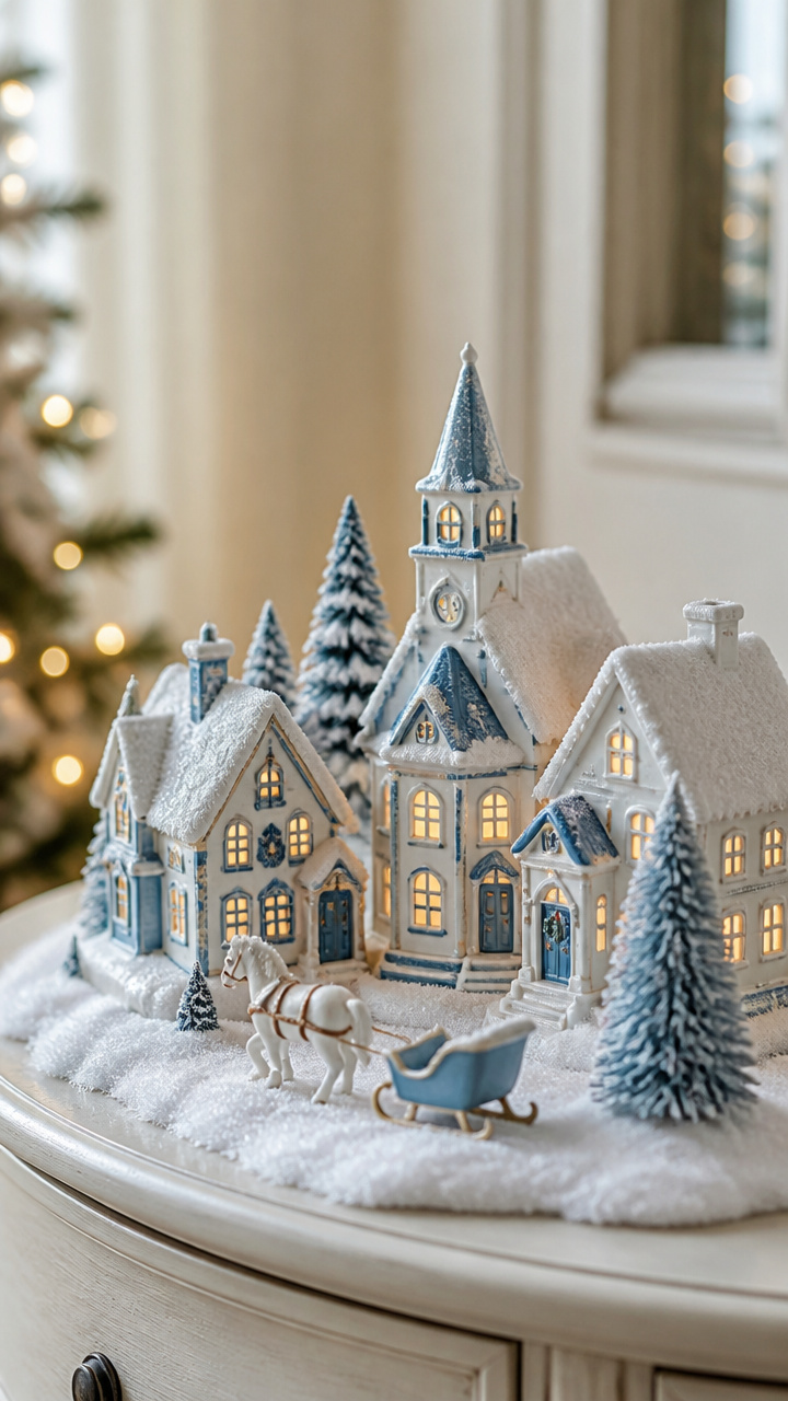 Porcelain Village Houses Under a Dusting of Snow