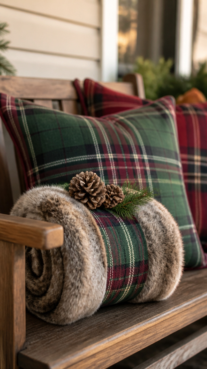 Porch Pillows in Plaid with Pinecone Throw Blanket Roll